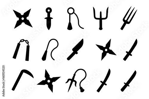 Collection of ninja weapons icons in black silhouette style for martial arts designs