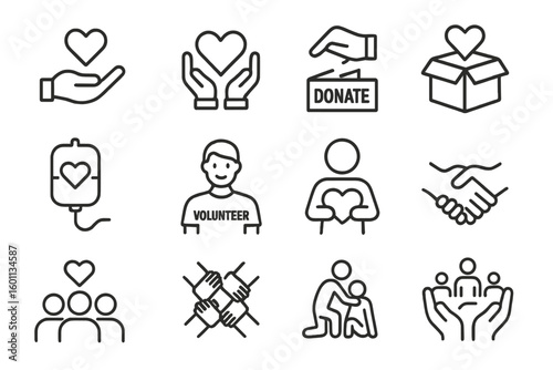 Charity and volunteering line icon set. Donation, help, and support symbols. Community, care, love, and teamwork outline icons for non-profit and fundraising projects.