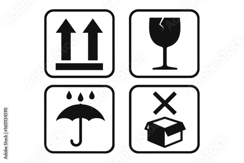 Packaging symbols set for shipping. Fragile, This Way Up, Keep Dry, Do Not Stack. Vector icons for cargo, logistics, and delivery. Handle with care warning labels.