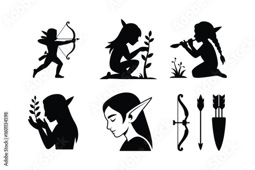 Elf archer tending plants playing flute and holding leaves with bow and arrows silhouette