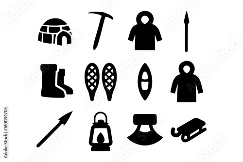 Arctic exploration icons set: silhouette symbols of inuit life and tools