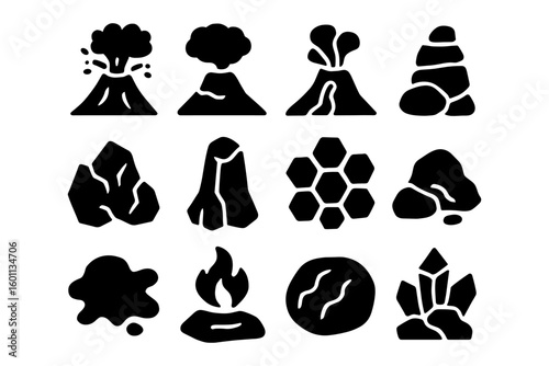 Set of volcanic and geological silhouettes featuring lava, stones, and crystals