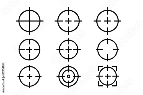 Aim target line icon set. Sight for aiming a weapon. Outline vector icon in linear style. Crosshair, scope, military sniper pictogram collection for precision focus.