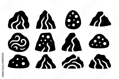 Set of abstract rock icons with unique patterns in black silhouette style