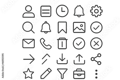 User interface line icons set. UI UX thin outline vector symbols for website and mobile app design. Includes profile, settings, notification, search, mail, and share.