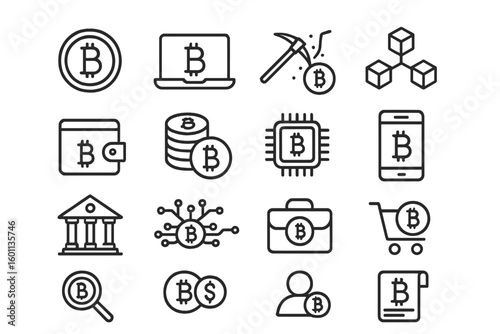 Cryptocurrency line icons. Bitcoin, blockchain, mining, digital wallet, transaction, crypto coin. Fintech outline vector symbols for finance, investment and e-commerce.