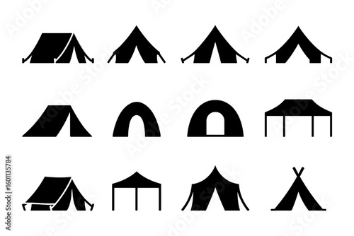 Silhouette set of camping tents with various designs and styles