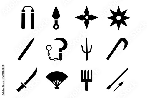 Silhouette set of traditional martial arts and ninja weapons icons