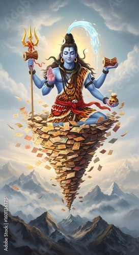 Lord shiva hindu god illustration with trishul damru and money wealth spiritual artwork image