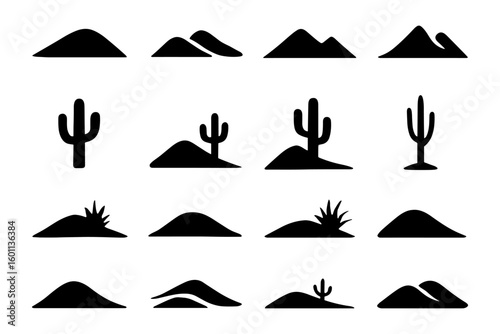 Desert landscape icons: silhouette style with cacti and mountains