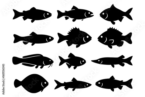 Silhouette collection of various fish species for aquatic designs
