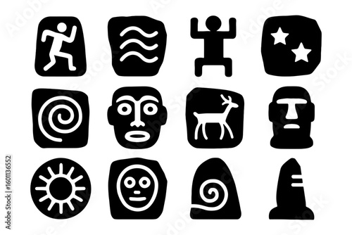 Ancient symbols collection: tribal icons and artifacts in bold silhouette design