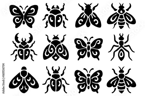 Collection of insect silhouettes: butterflies, beetles, and ants