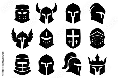 Medieval knight helmet silhouettes in black and white icon set
