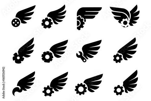 Collection of winged gear icons: mechanical and industrial symbol set