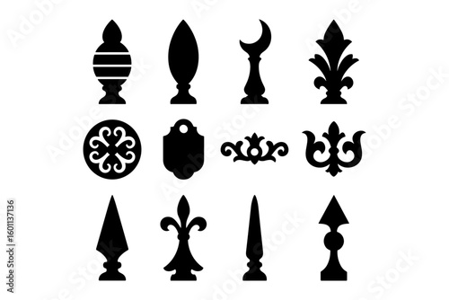 Collection of ornamental silhouette finial and fleur de lis designs