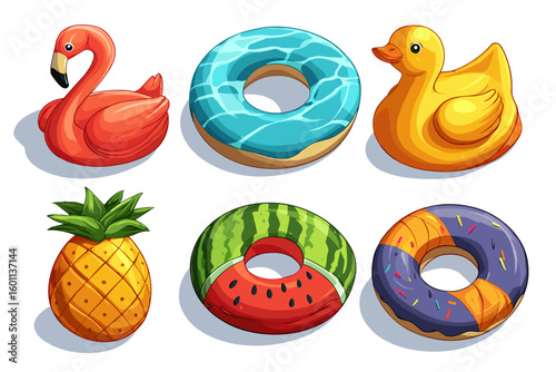Colorful Summer Floaties Collection: Flamingo, Donuts, Duck, and Fruits
