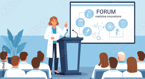 Female Medical Professional Presenting at Health Innovation Forum in Flat Vector Style