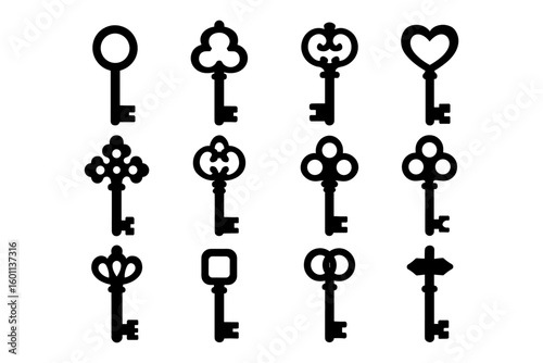 Retro key collection: diverse black silhouette styles featuring antique and vintage designs