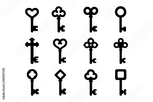 Collection of vintage key icon set in black and white silhouette style