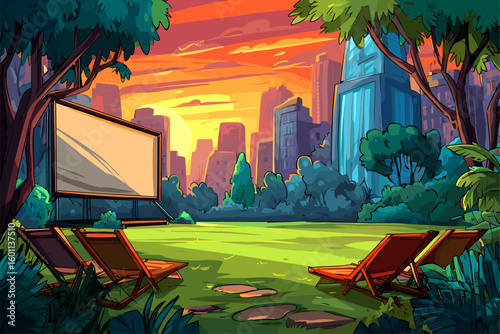 Outdoor Movie Night: Vibrant Sunset Behind City Skyline