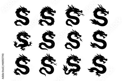 Collection of dragon silhouettes in various poses and styles
