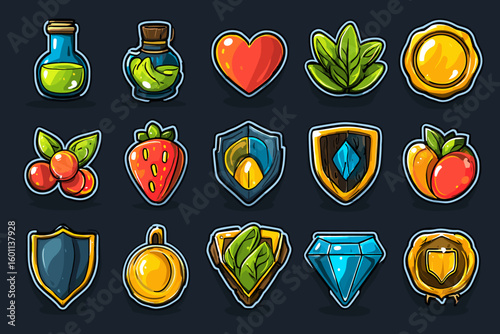 Colorful Cartoon Badges and Icons Featuring Fruits, Shields, and Potions