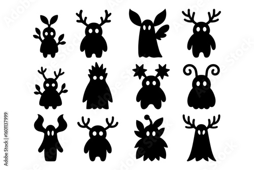 Cute silhouette monsters with antlers and wings in black and white
