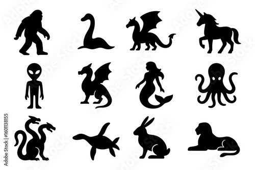 Silhouette icons of mythical creatures including bigfoot and unicorn