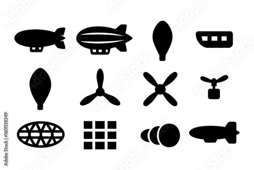 Silhouette icons of airships and propellers with zeppelins and blimps
