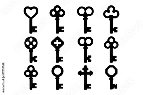 Vintage black key silhouettes collection on white background