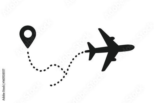 Airplane flight route with start point location pin. Air travel concept with aircraft and destination track. Vector illustration of a journey or trip path icon symbol.