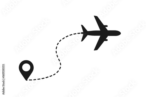 Airplane flight path with location pin. Travel route icon with starting point and destination. Airline journey track, aircraft navigation symbol. Vector graphic illustration.