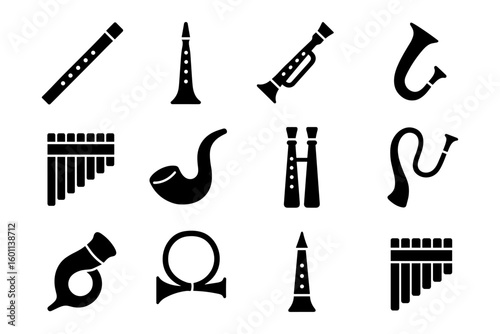 Silhouette collection of musical wind instruments in flat design