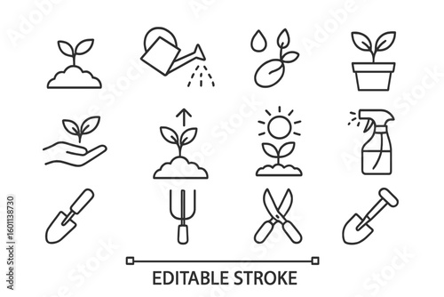 Gardening and plant growth outline icon set. Vector collection of pictograms showing tools like shovel, shears, and watering can. Concepts of sprouting, seeding and horticulture.