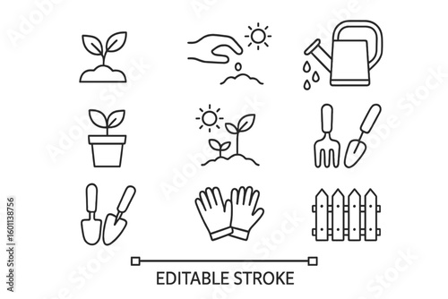 Gardening and plant care linear icons set. Growing sprout, planting seed, watering can, potted plant, horticulture tools. Customizable contour symbols. Editable stroke.