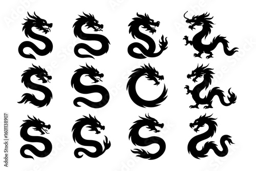 Silhouette dragon icons: collection of mythical creatures in various poses