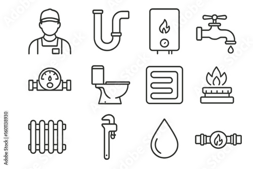 Heating and plumbing service line icon set. Vector symbols for plumber, pipe, boiler, tap, meter, toilet, underfloor heating, gas, wrench, and radiator repair and work.