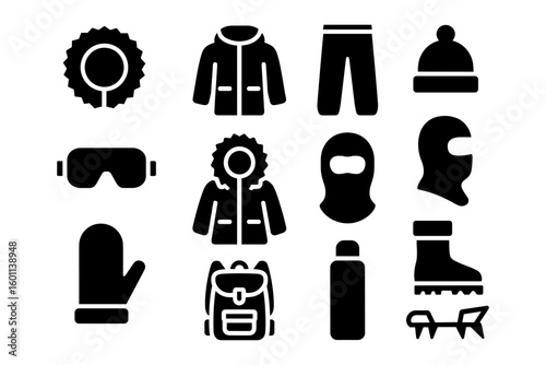 Winter gear icons set: silhouette designs of jackets, boots, and accessories