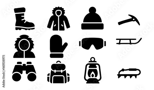 Winter gear icons set featuring cold weather essentials for outdoor activities