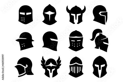 Medieval knight helmet silhouettes collection for historical design projects