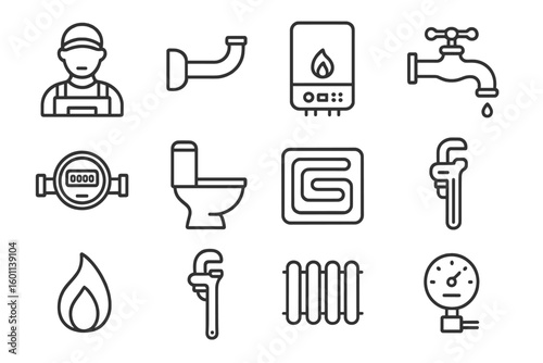 Heating and plumbing service line icon set. Plumber, pipe, boiler, tap, meter, toilet, heated floor, gas wrench, radiator. Outline vector pictogram collection. Linear style.