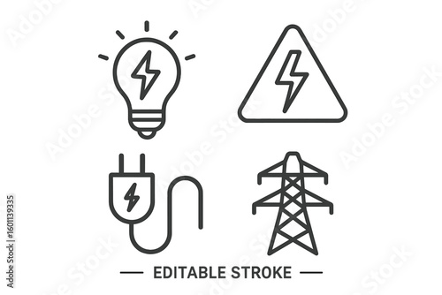 Power and energy line icon set. Thin line vector illustration of electricity concepts like a light bulb, high voltage warning sign, electric plug, and pylon. Editable stroke.