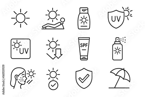 Sun protection line icon set. UV protect, sunscreen and tanning outline icons. Skin care, spf cream, sunblock lotion, beach umbrella vector pictogram for infographic.