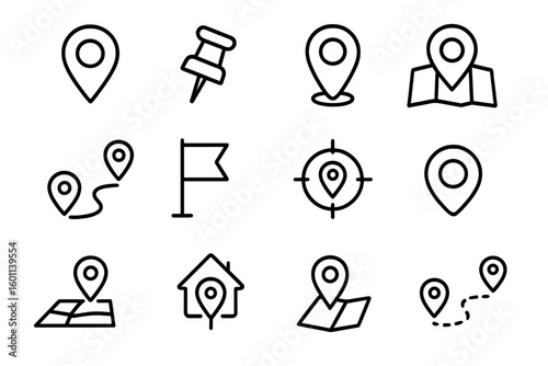 Map pin line icon set. Location, push pin, and map marker symbols. Geolocation, route, flag, and position icons. GPS, address, and navigation vector collection. Linear style.
