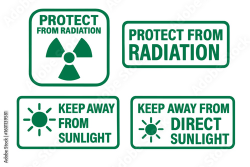 Protect from Radiation and Keep Away from Sunlight warning stamps. Grunge vector set of package handling labels. Industrial safety signs, radioactive and sun exposure icons.
