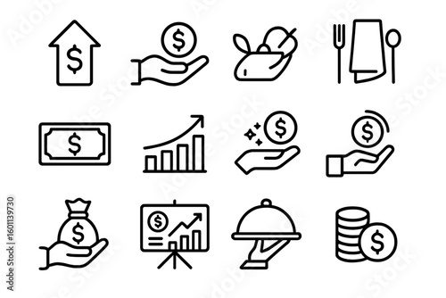 Finance line icon set. Money income, savings, earnings, cash. Financial growth investment. Business profit. Payment analysis presentation. Banking vector outline pictogram.