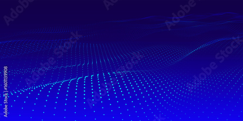 Futuristic dot wave. Abstract digital particle wave. Technology background. Colored musical wave. Dark background. Digital background with smooth, wavy curves. 3D rendering.