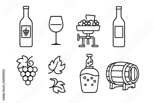 Wine and winemaking outline icon set. Vector collection of winery symbols. Grape, bottle, glass, barrel, press, fermentation pictogram. Linear alcohol production signs.