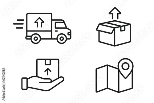 Shipping and delivery service vector icon set. Logistics and transportation outline symbols for e-commerce and apps. Includes fast truck, package dispatch, order tracking map.